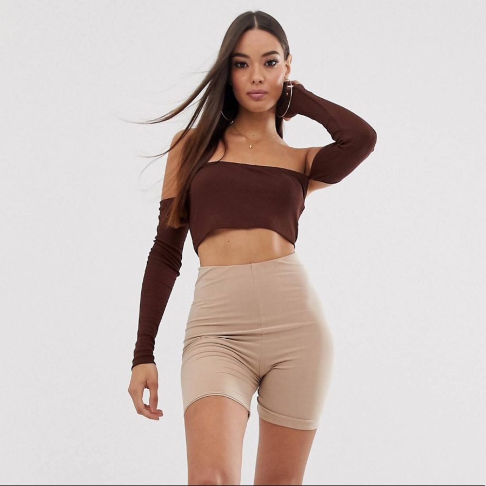 Brown Long Sleeve Ribbed Crop Top